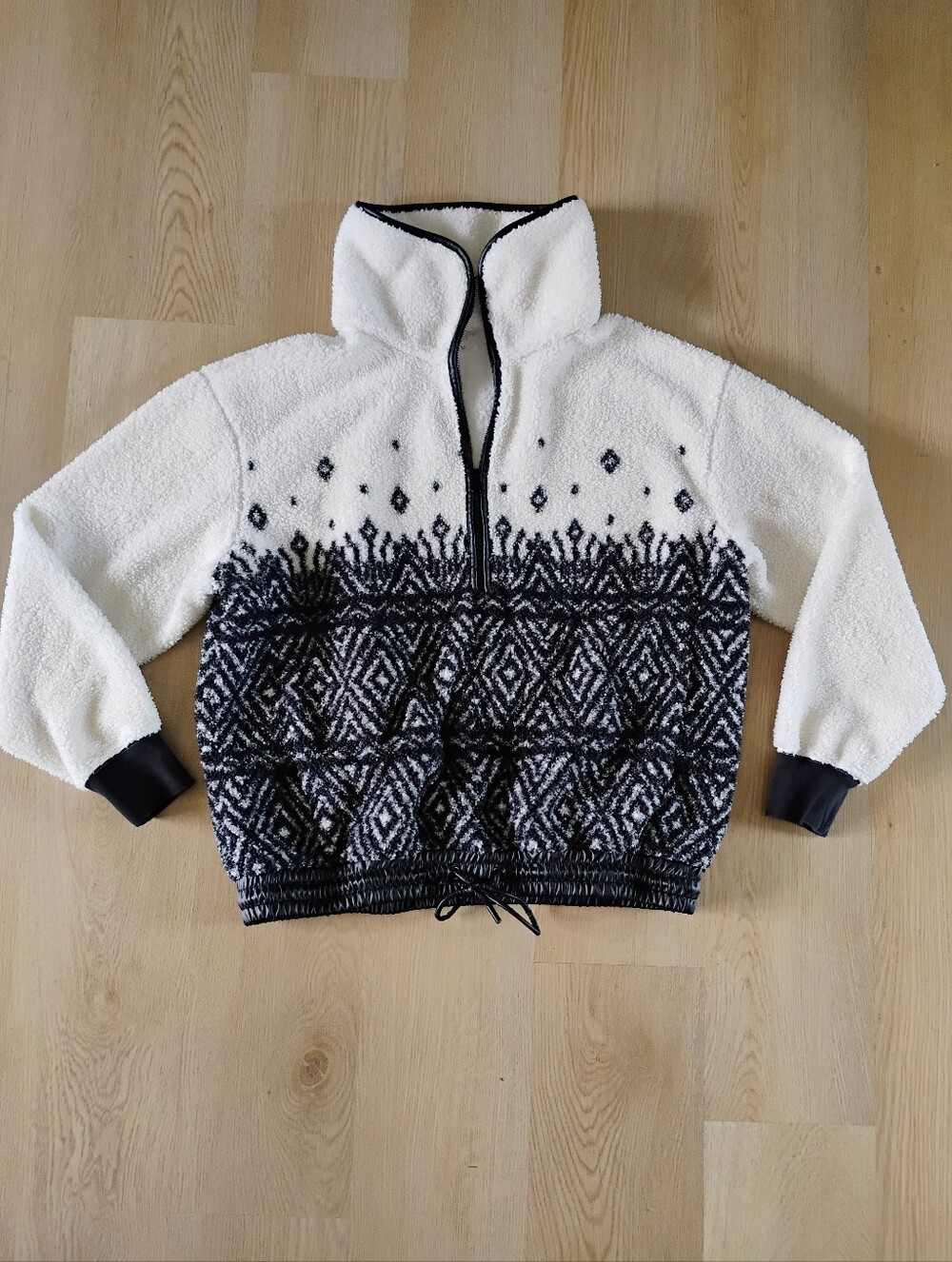 Calia Black and White Geometric Sherpa Pullover With Faux Leather Details